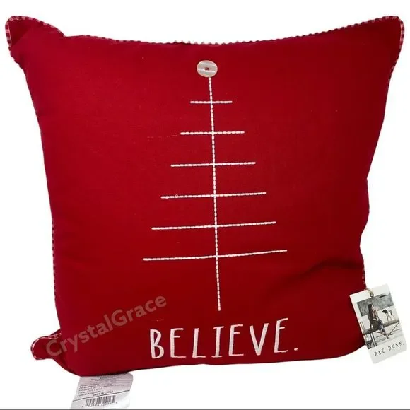 RAE DUNN Holiday Christmas Tree BELIEVE Embroidered Red Throw Pillow Knit Match - Picture 1 of 6